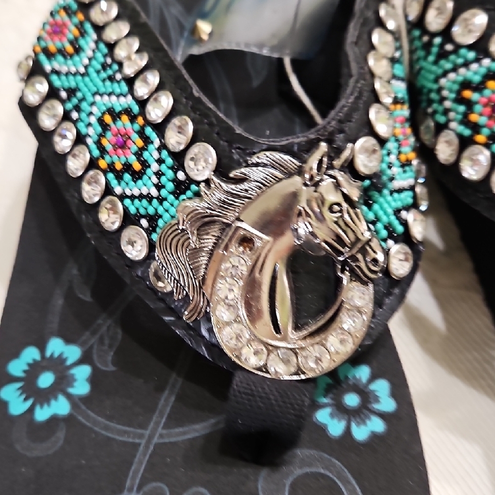 Montana West Black and Turquoise Beaded Sandals - Picture 5 of 6